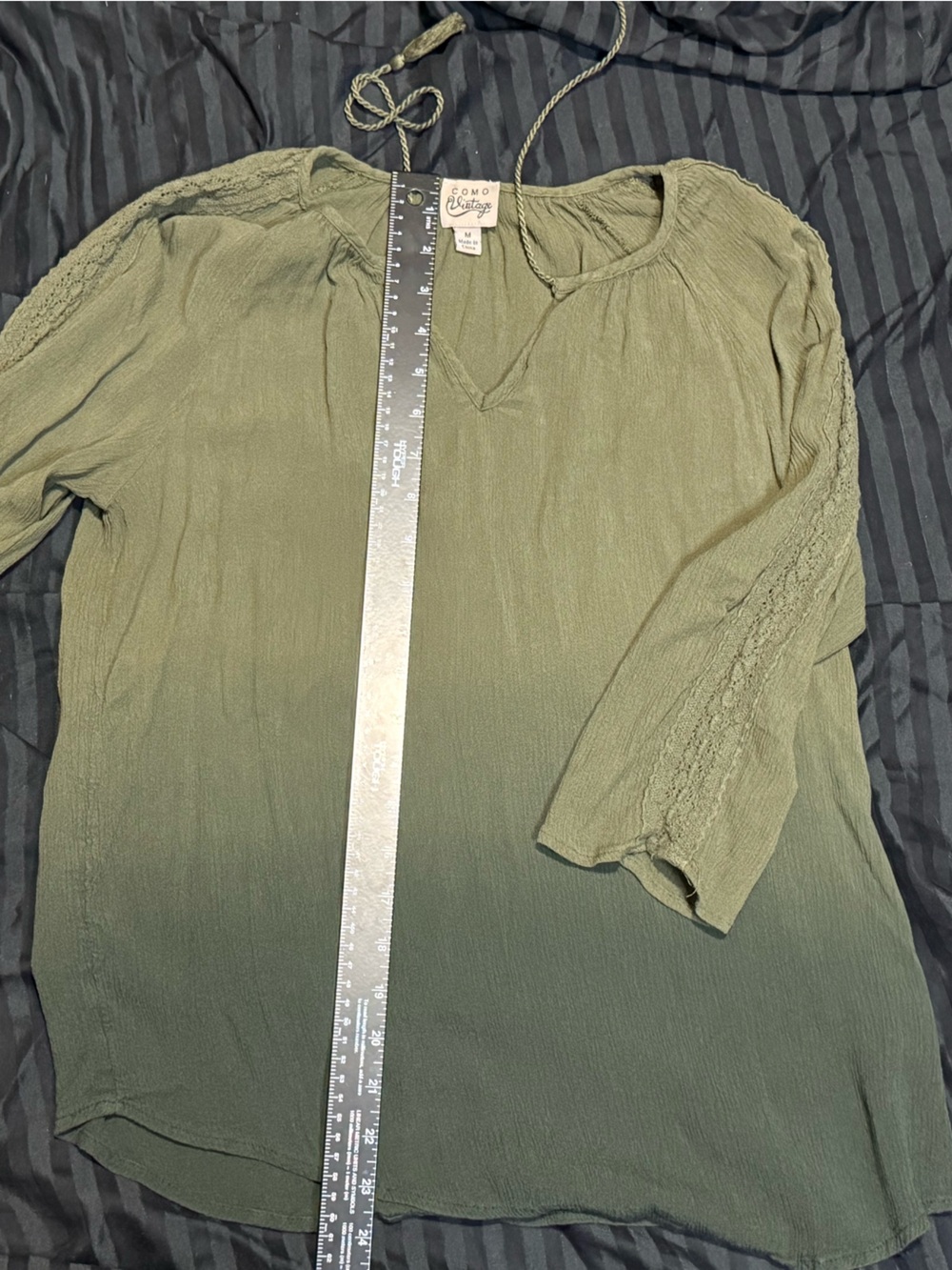 Como Vintage Olive Green Boho Blouse Size M Tassel Tie Peasant Top